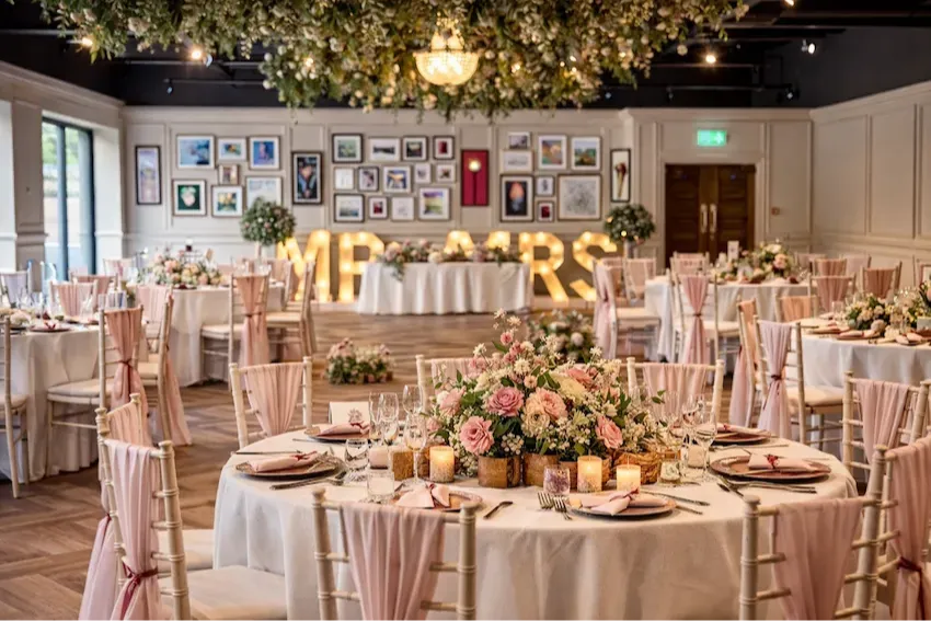 Elegant wedding reception venue with round tables, blush pink chair drapes, floral centrepieces and illuminated MR & MRS letters