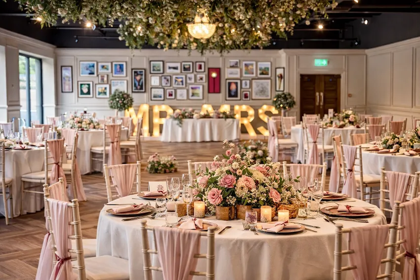 Elegant wedding reception venue with round tables, blush pink chair drapes, floral centrepieces and illuminated MR & MRS letters