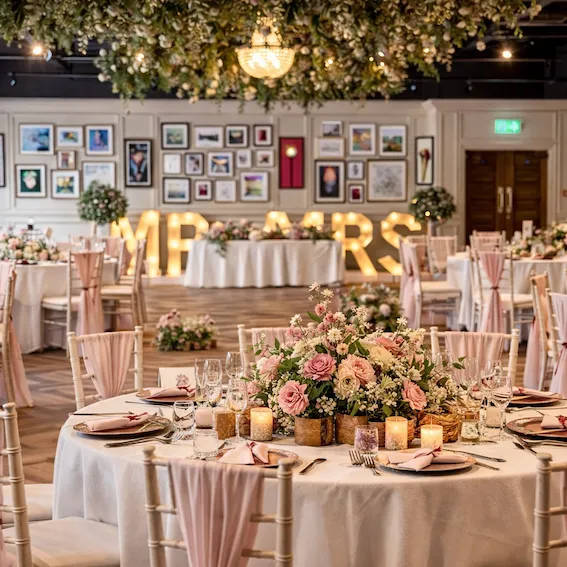 Elegant wedding reception venue with round tables, blush pink chair drapes, floral centrepieces and illuminated MR & MRS letters