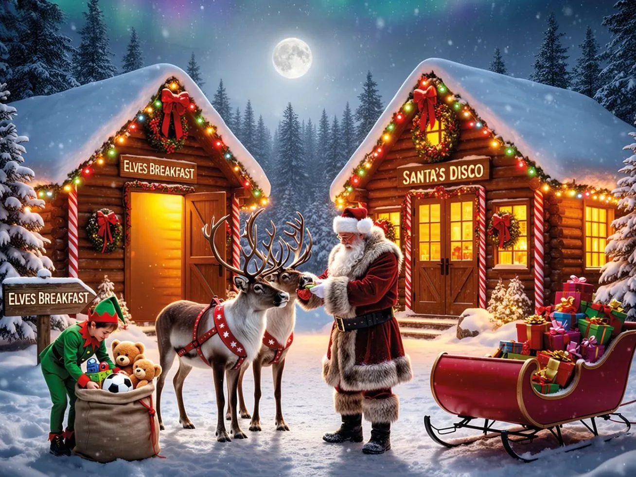 Santa stands with two reindeer in a snowy Christmas village beside decorated log cabins, while an elf sorts toys next to a sleigh full of presents under a bright moon.