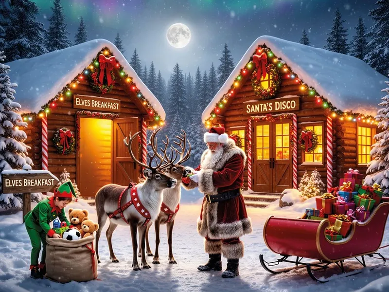 Santa stands with two reindeer in a snowy Christmas village beside decorated log cabins, while an elf sorts toys next to a sleigh full of presents under a bright moon.