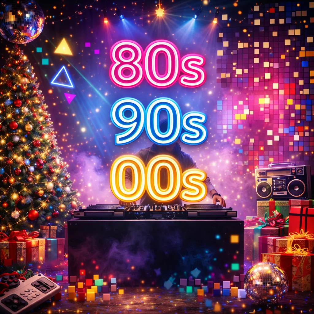 Neon 80s, 90s and 00s text above a DJ booth at a retro Christmas party with a decorated tree, disco balls and wrapped presents.
