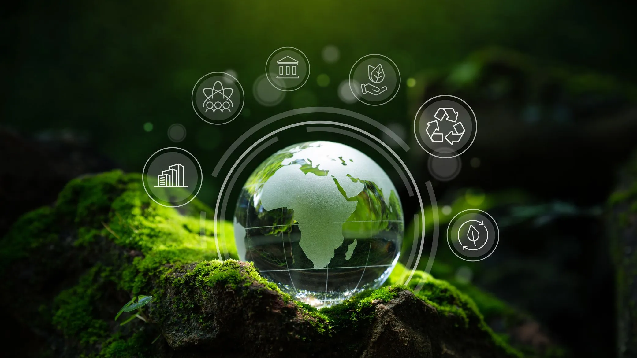 Glass globe on moss-covered rocks in a forest with sustainability and recycling icons surrounding it
