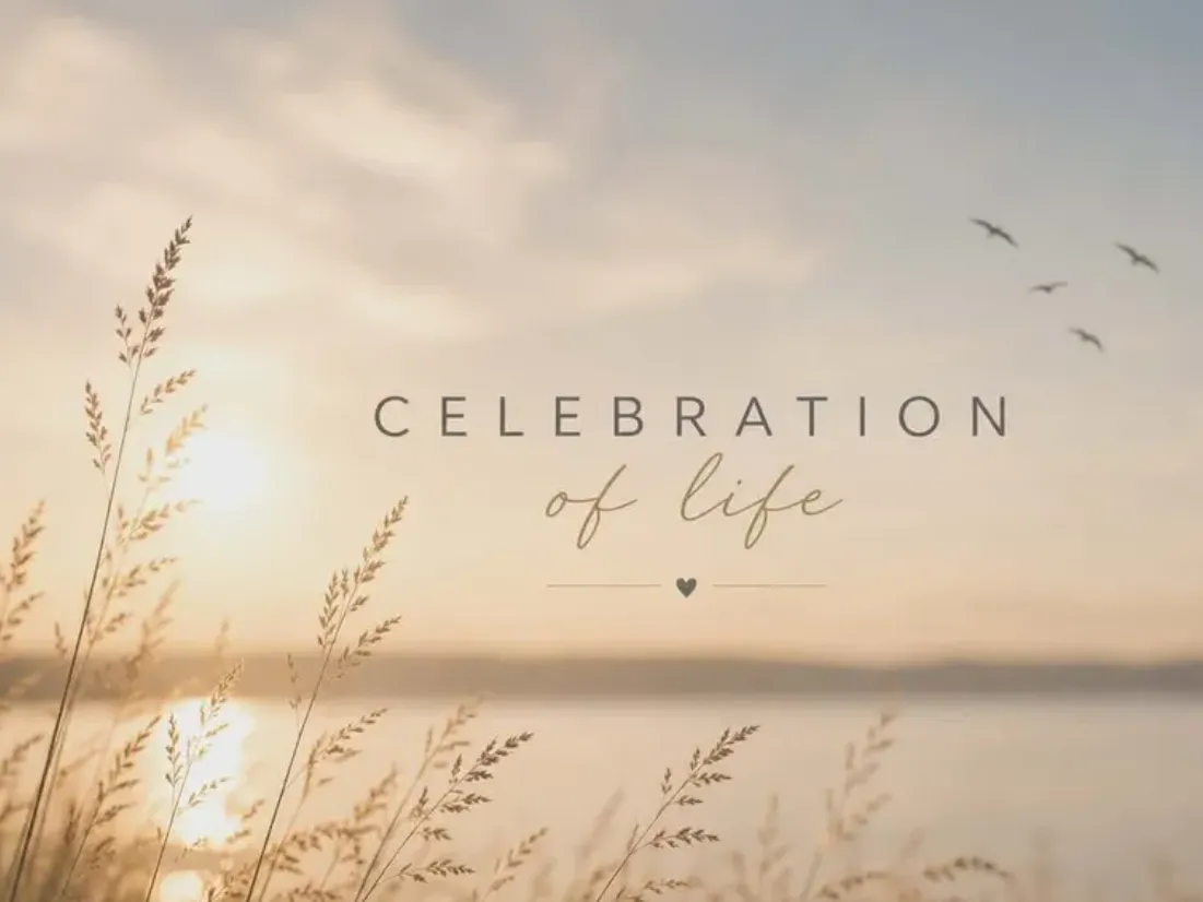 Soft sunset scene over water with tall grasses in the foreground, flying birds, and the words 'Celebration of life' centred on the image.