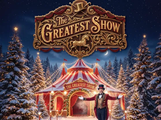 Festive circus tent in a snowy forest at night with a ringmaster standing beneath a sign reading The Greatest Show.