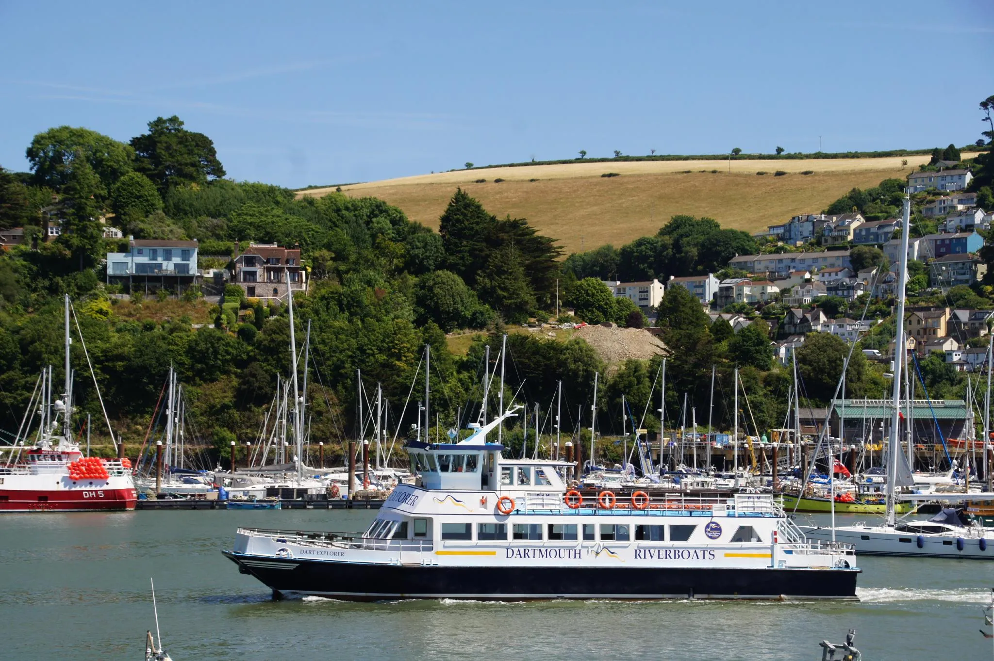 Passenger ferry passes a marina with sailing boats, with hillside houses and fields above the river in Dartmouth, Devon.