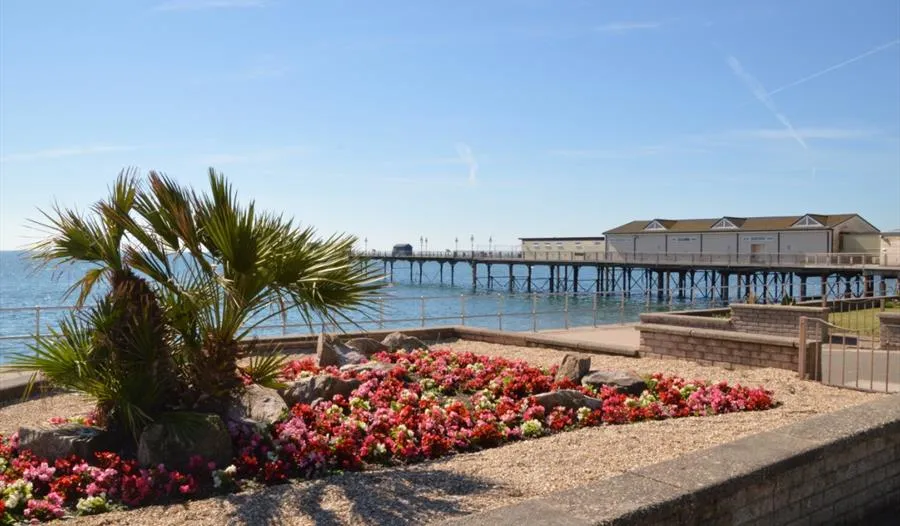 Flower bed and palm plants on Teignmouth seafront with a pier over the sea