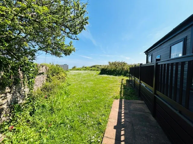 Sunny grassy garden beside a dark wooden lodge with a stone wall and trees