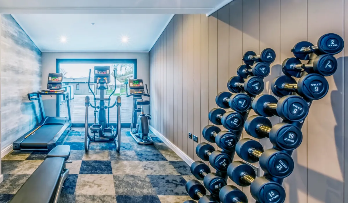 Modern fitness room with treadmill, elliptical trainer and dumbbell rack by a large window