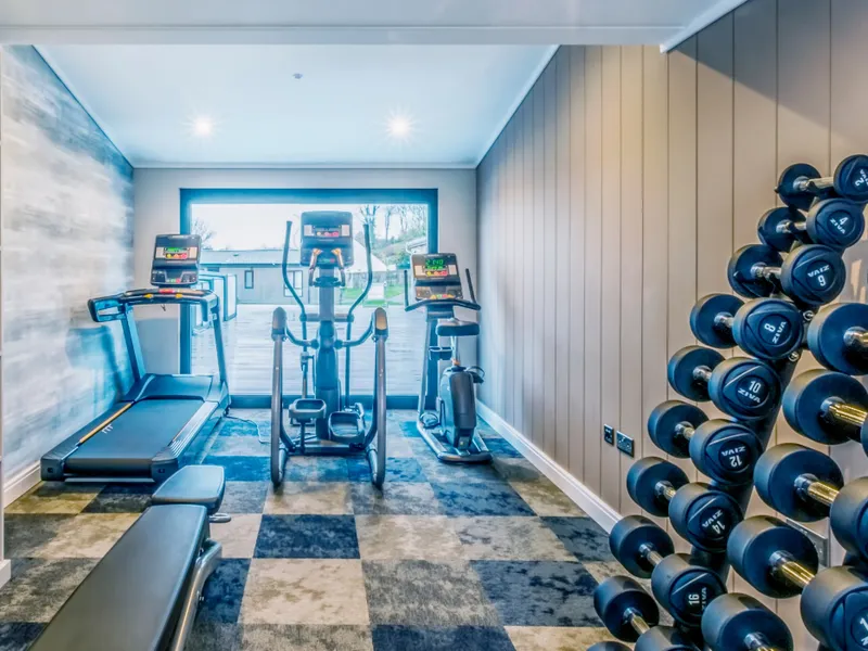Modern fitness room with treadmill, elliptical trainer and dumbbell rack by a large window
