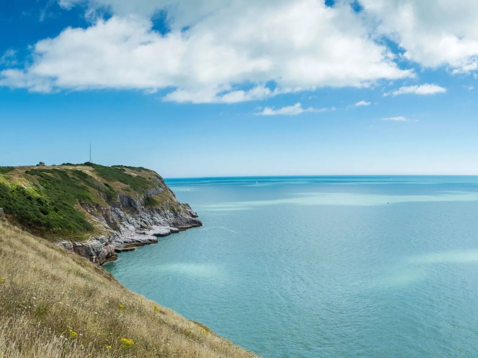 Coastal headland with grassy cliffs overlooking calm blue sea beneath large white clouds