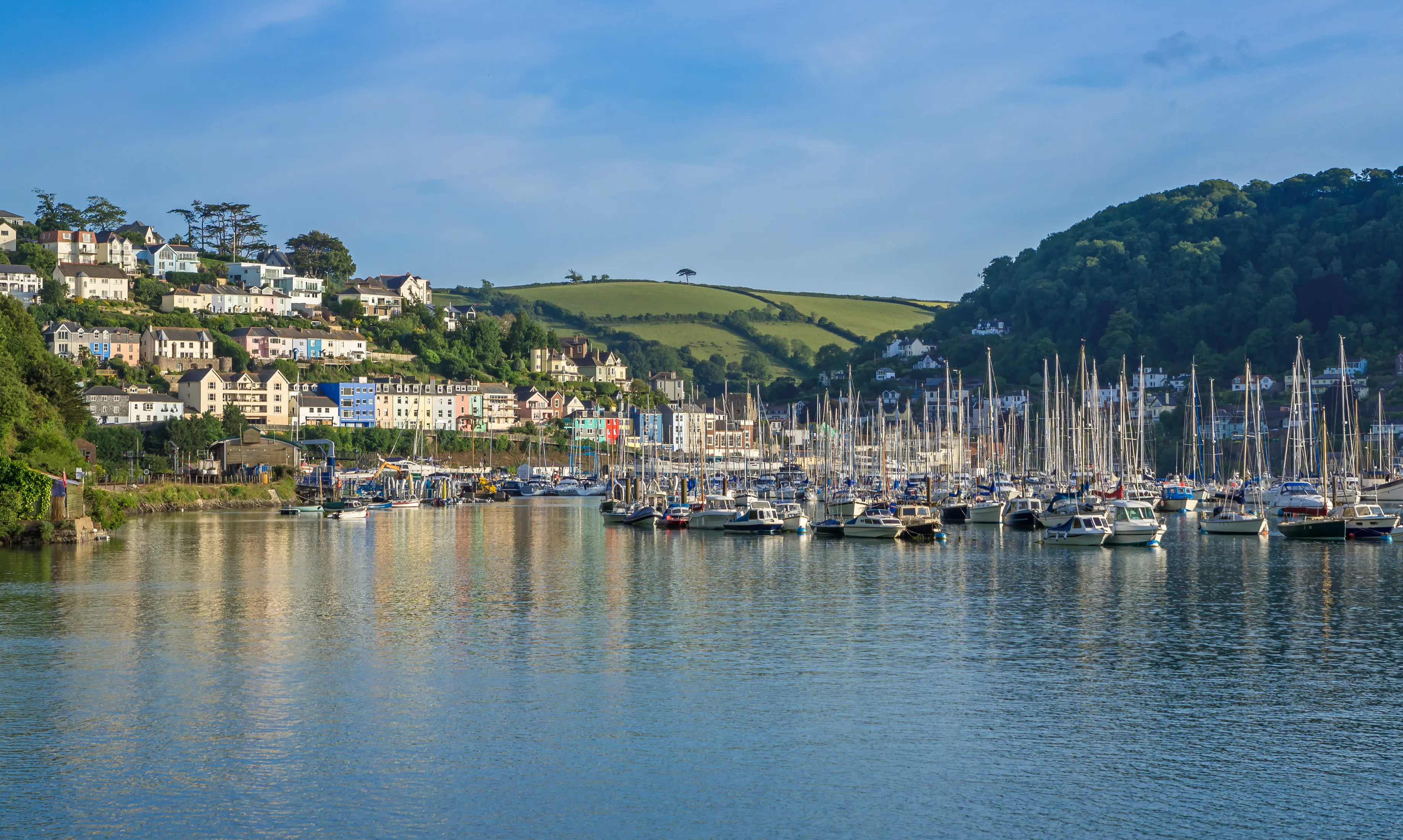 Harbour filled with sailing boats below colourful hillside houses and green countryside under a blue sky.