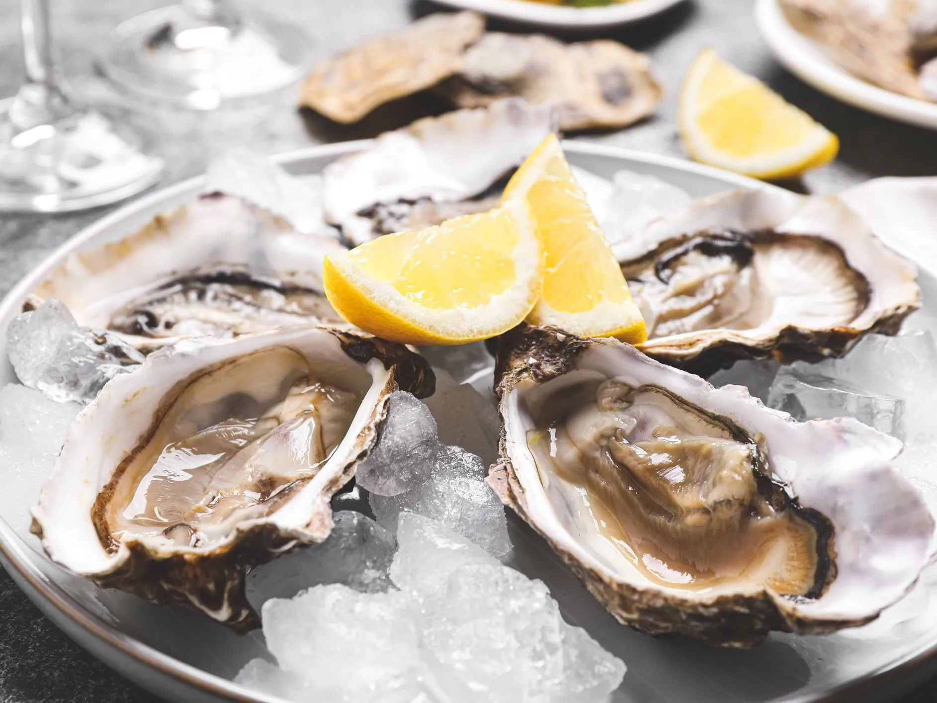 Fresh oysters on the half shell served on crushed ice with lemon wedges on a grey plate