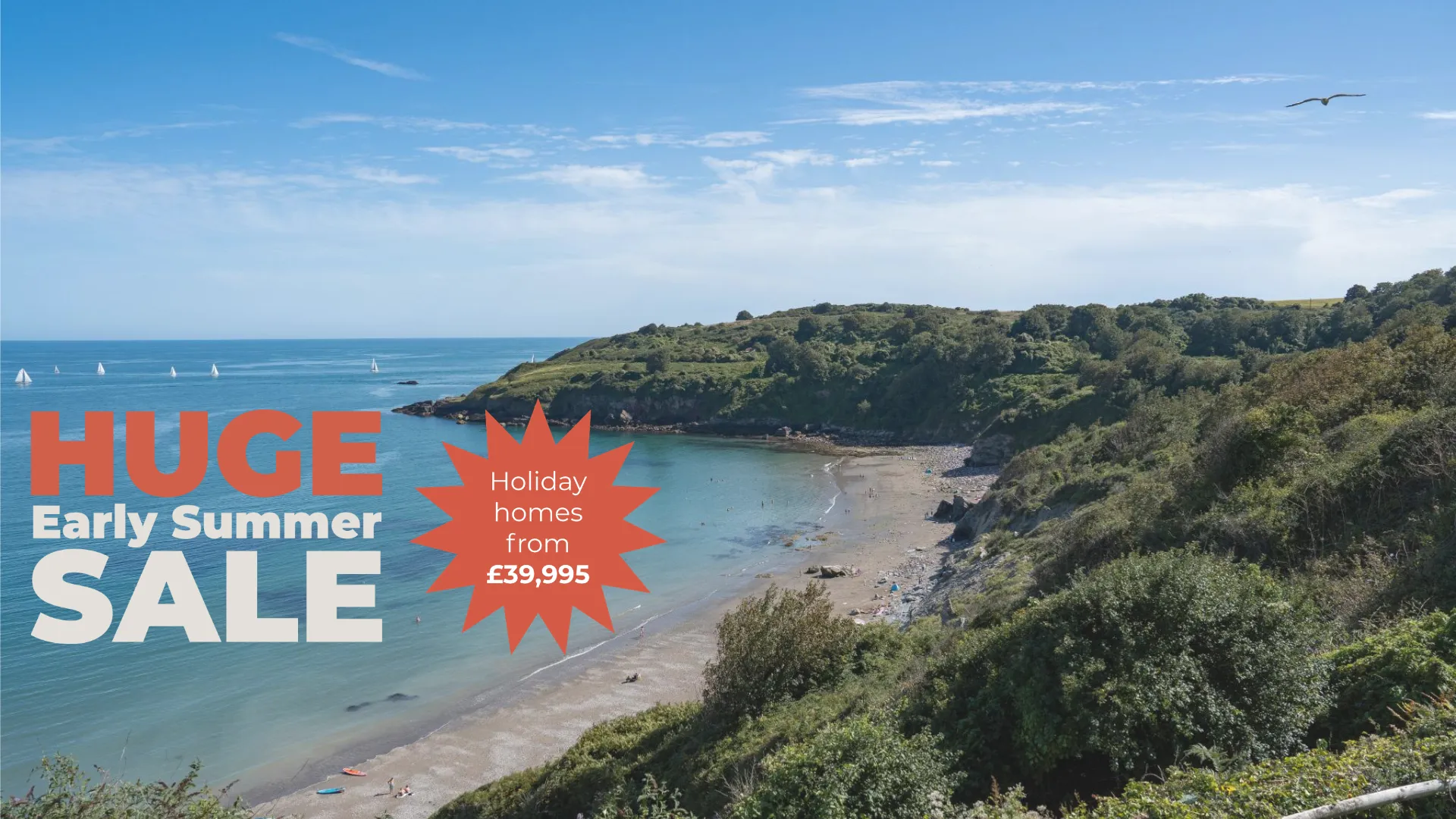 Promotional banner over a coastal beach scene reading 'Huge Early Summer Sale' with a starburst stating holiday homes from £39,995.
