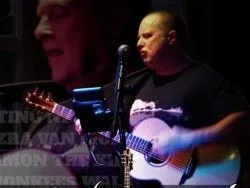 Promotional image of Dave Rich performing live with an acoustic guitar and microphone on stage