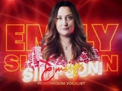 Promotional graphic featuring Emily Shipton against a glowing red background with the text 'Emily Shipton' and 'Powerhouse Vocalist'.