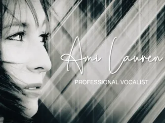 Black-and-white promotional portrait of Ami Lauren, professional vocalist, with wind-swept hair and stylised text.