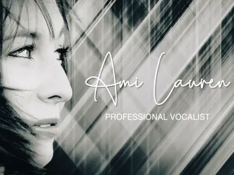 Black-and-white promotional portrait of Ami Lauren, professional vocalist, with wind-swept hair and stylised text.