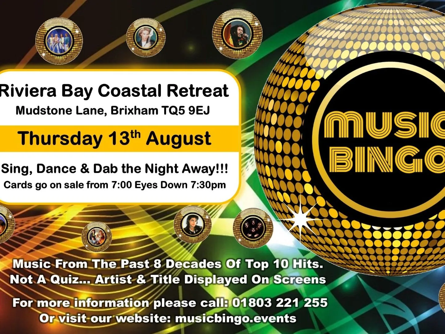 Music Bingo event poster for Riviera Bay Coastal Retreat in Brixham on Thursday 13th August, featuring a gold disco ball design and colourful lights.