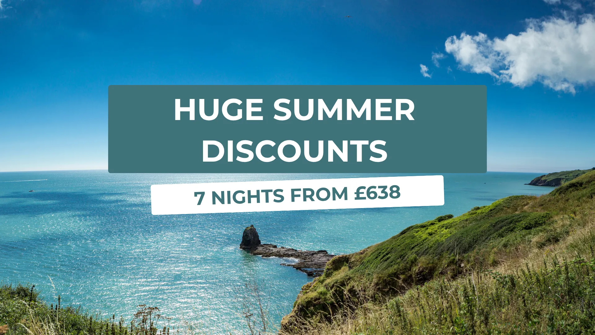 Promotional banner over a sunny coastal view at Landscove, showing huge summer discounts and 7 nights from £638.