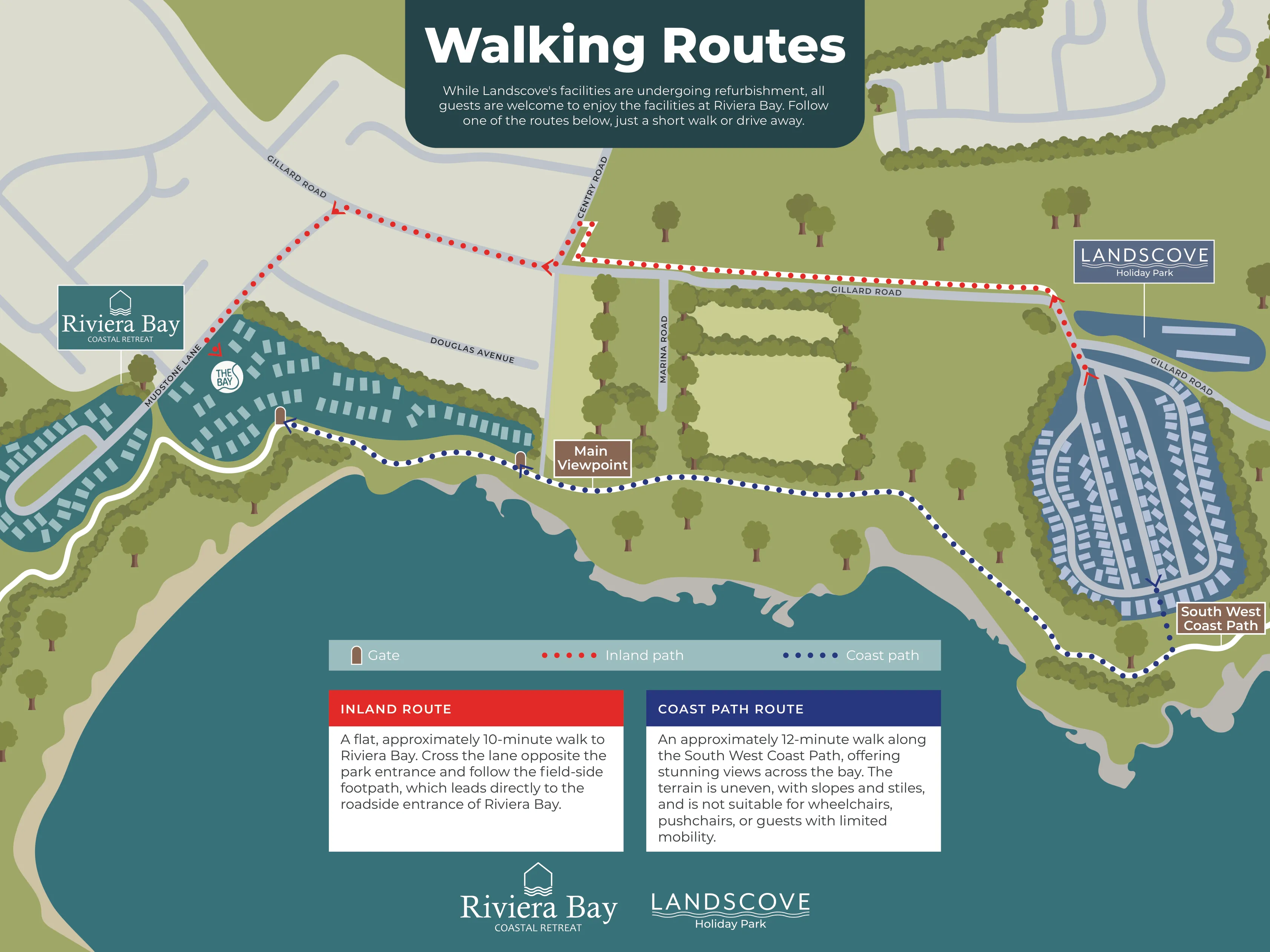Illustrated walking routes map showing inland and coast path routes between Landscove Holiday Park and Riviera Bay Coastal Retreat, with key points including the main viewpoint and South West