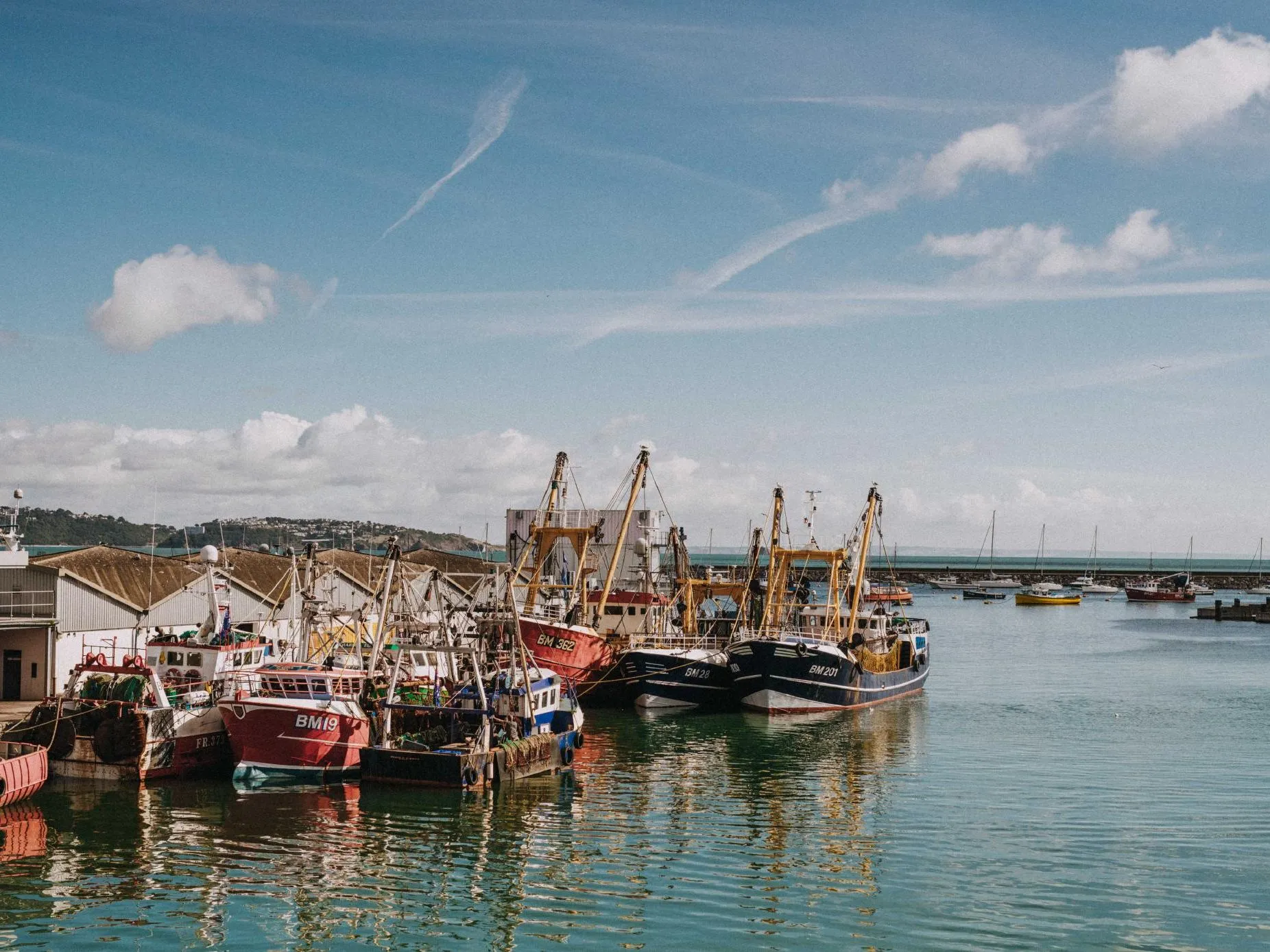 Fishing boats moored in a harbour with calm water under a blue sky