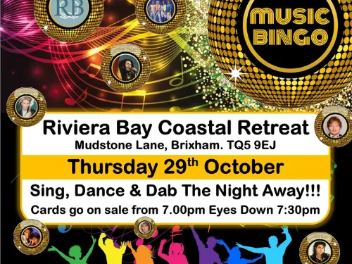 Colourful music bingo event poster with disco balls, dancing silhouettes and venue details for Riviera Bay Coastal Retreat in Brixham.