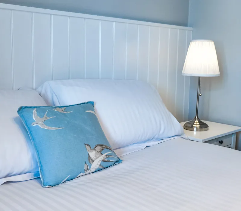 Neatly made hotel bed with white linens, a blue bird-patterned cushion, and a bedside lamp