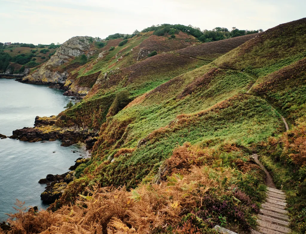 Coastal trail winding through green and brown hills above a rocky bay in Jersey