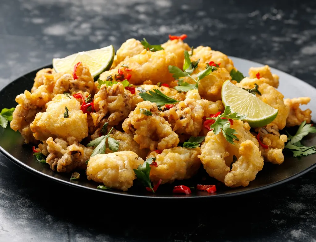 Plate of crispy fried calamari garnished with lime wedges, chopped red chilli and parsley on a dark surface