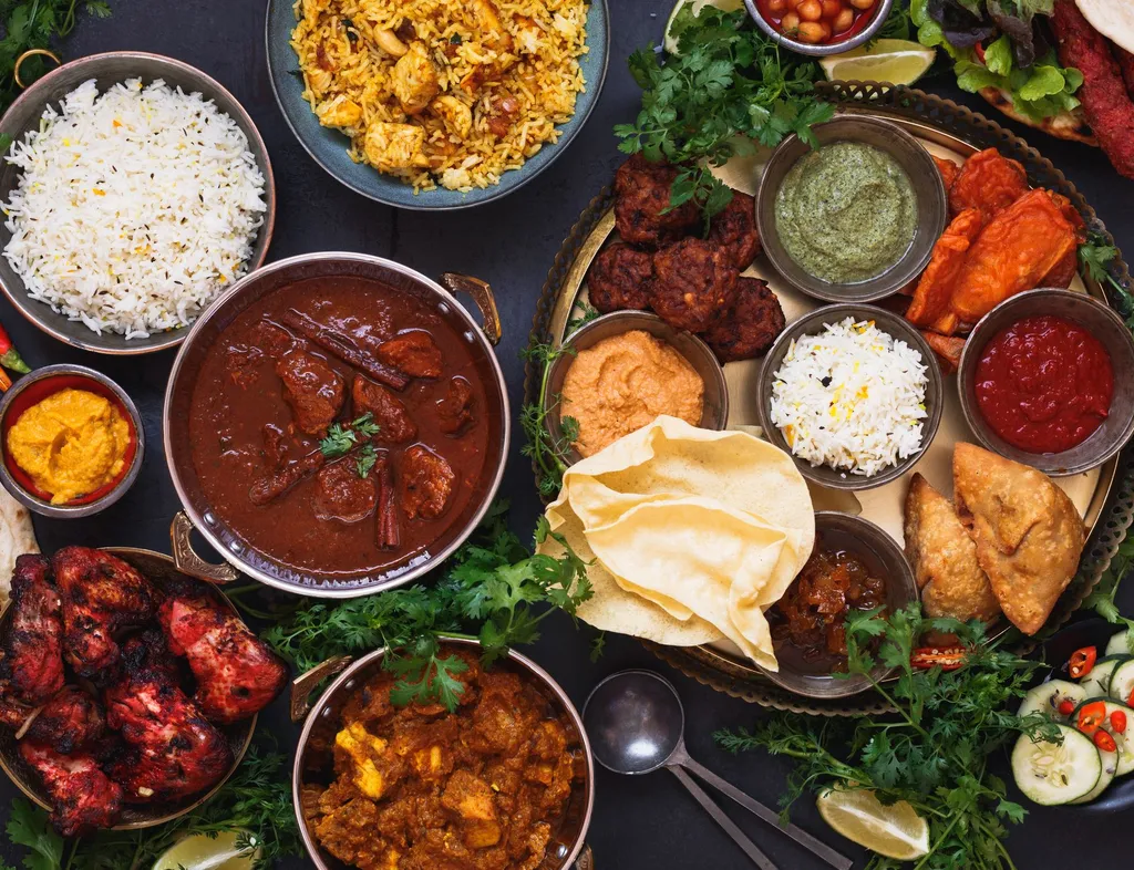 Overhead view of a large Indian meal spread with curries, rice, naan, samosas, grilled meat, sauces and fresh herbs on a dark table.