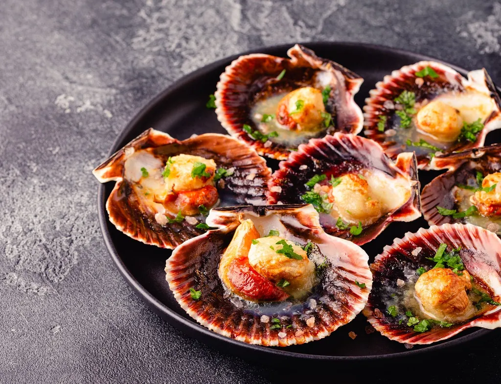 Plate of grilled scallops served in their shells with herbs and sauce on a dark stone surface
