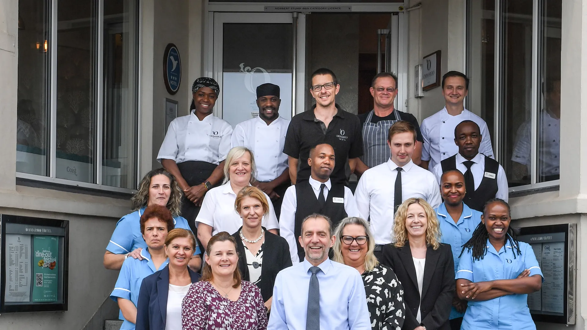 Group photo of the JEP team standing on the steps outside Ommaroo Hotel in November 2025.