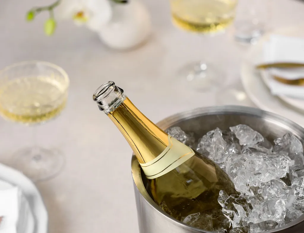 Bottle of sparkling wine chilling in an ice bucket on an elegantly set dining table