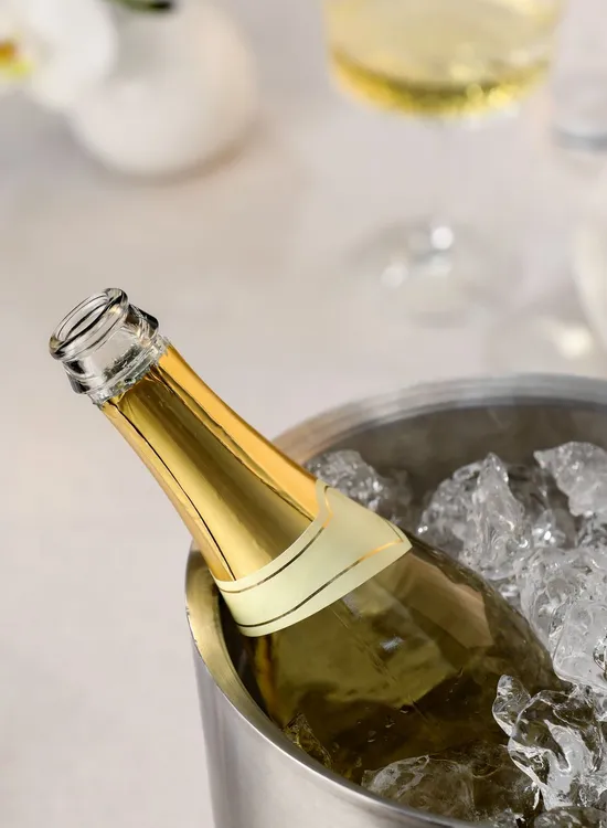 Bottle of sparkling wine chilling in an ice bucket on an elegantly set dining table