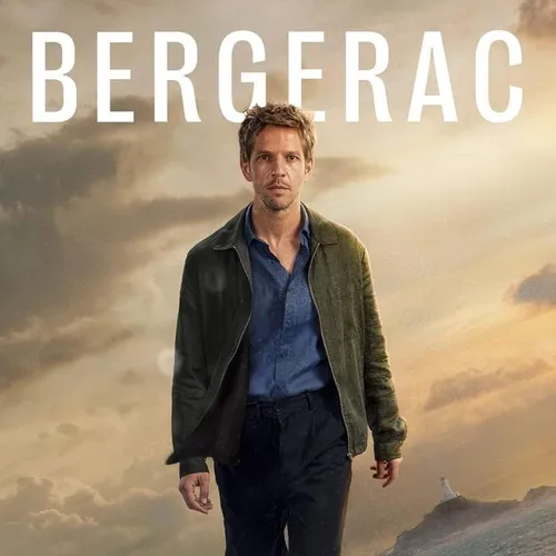 Promotional poster for Bergerac showing a man walking along a dramatic rocky coastline beneath cloudy skies.