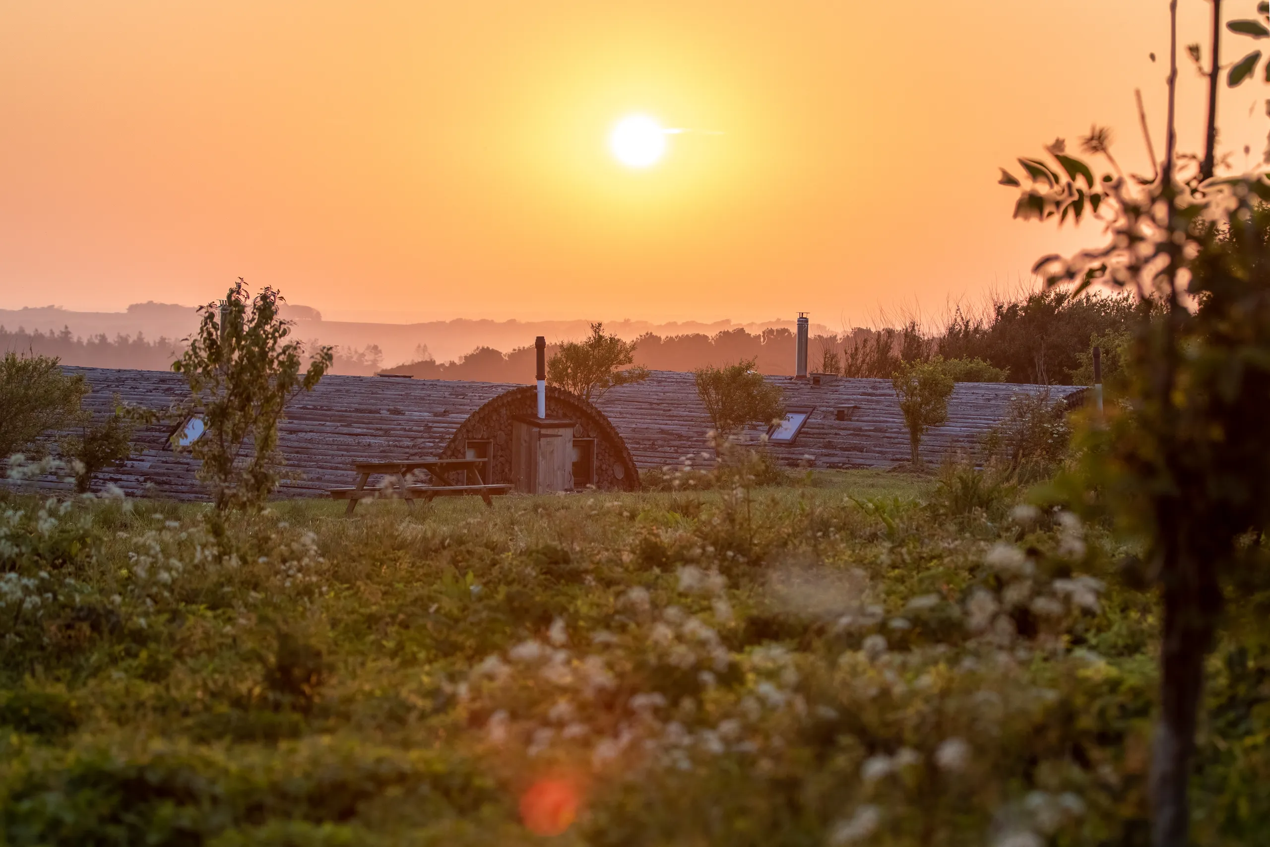 Sunrise over a grassy meadow with a low wooden cabin, picnic table and small trees in the foreground