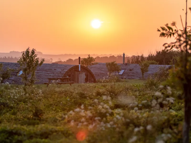 Sunrise over a grassy meadow with a low wooden cabin, picnic table and small trees in the foreground