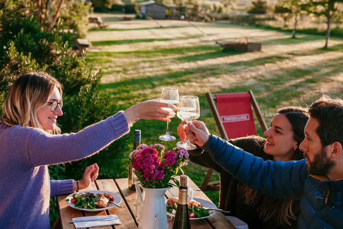 Friends clinking wine glasses over an outdoor table set for dinner in a grassy campsite