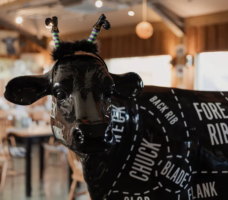 Black cow statue with butcher’s cut markings and novelty striped horns inside a rustic restaurant
