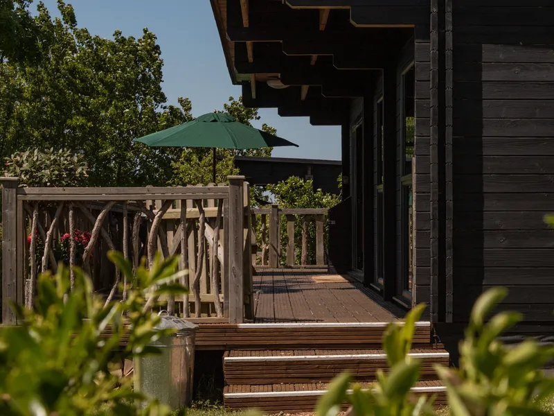 Timber cabin patio with green parasol and wooden steps in a leafy garden
