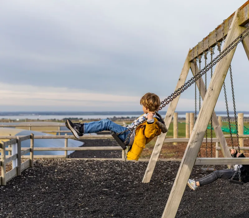 Children swinging on a wooden swing set at an outdoor farm park play area