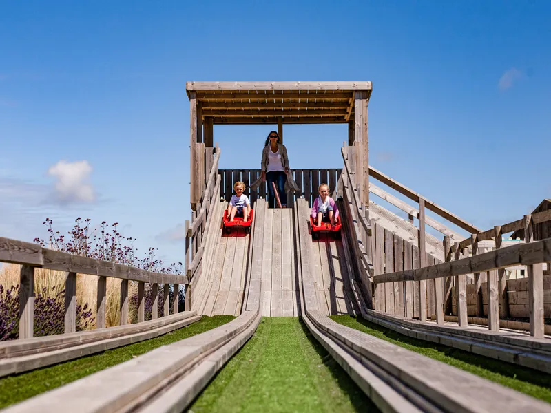 Two children ride red sleds down a wooden outdoor slide at a farm park while an adult watches from the top