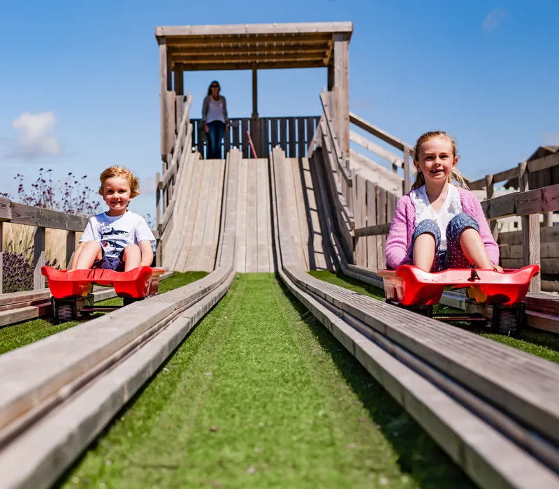 Two children ride red carts down a wooden slide at a farm park outdoor play area