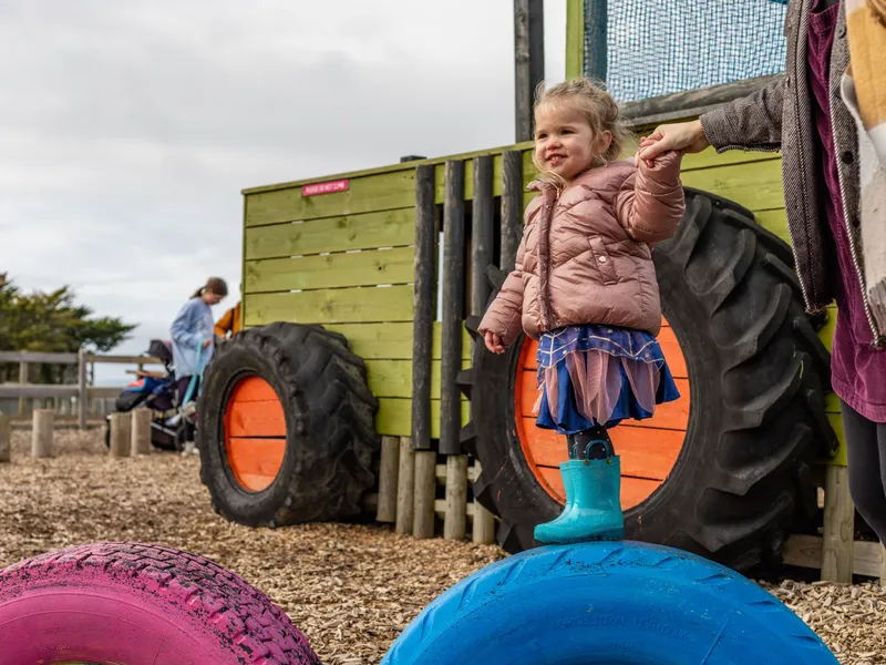 Young child holding an adult’s hand while standing on a blue tyre in a farm park play area.