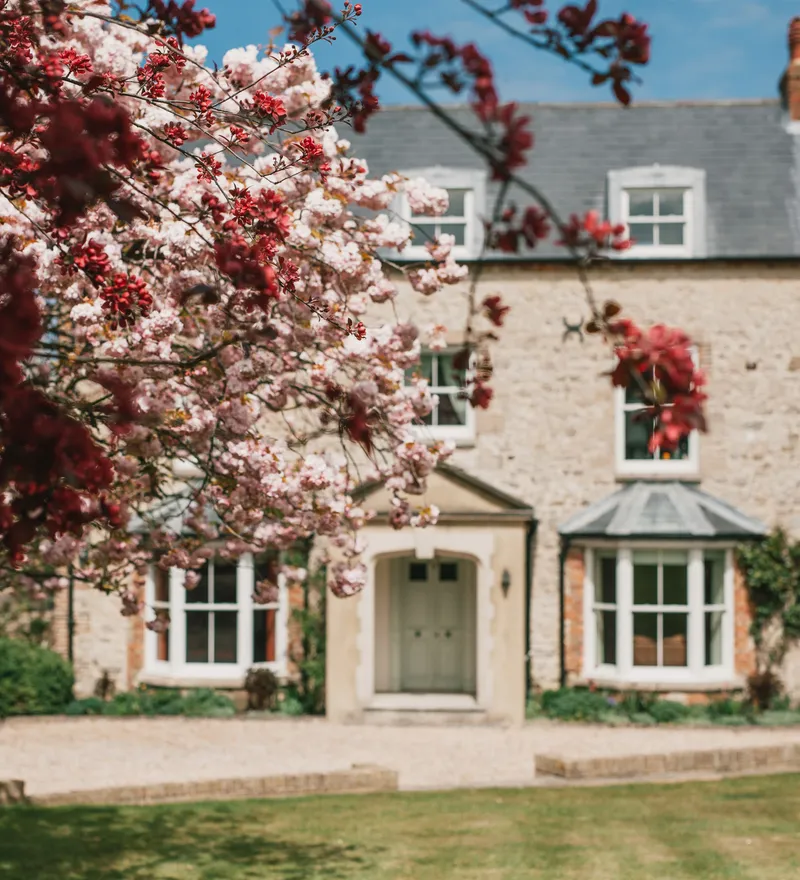 Stone country house behind pink blossom tree on a sunny day