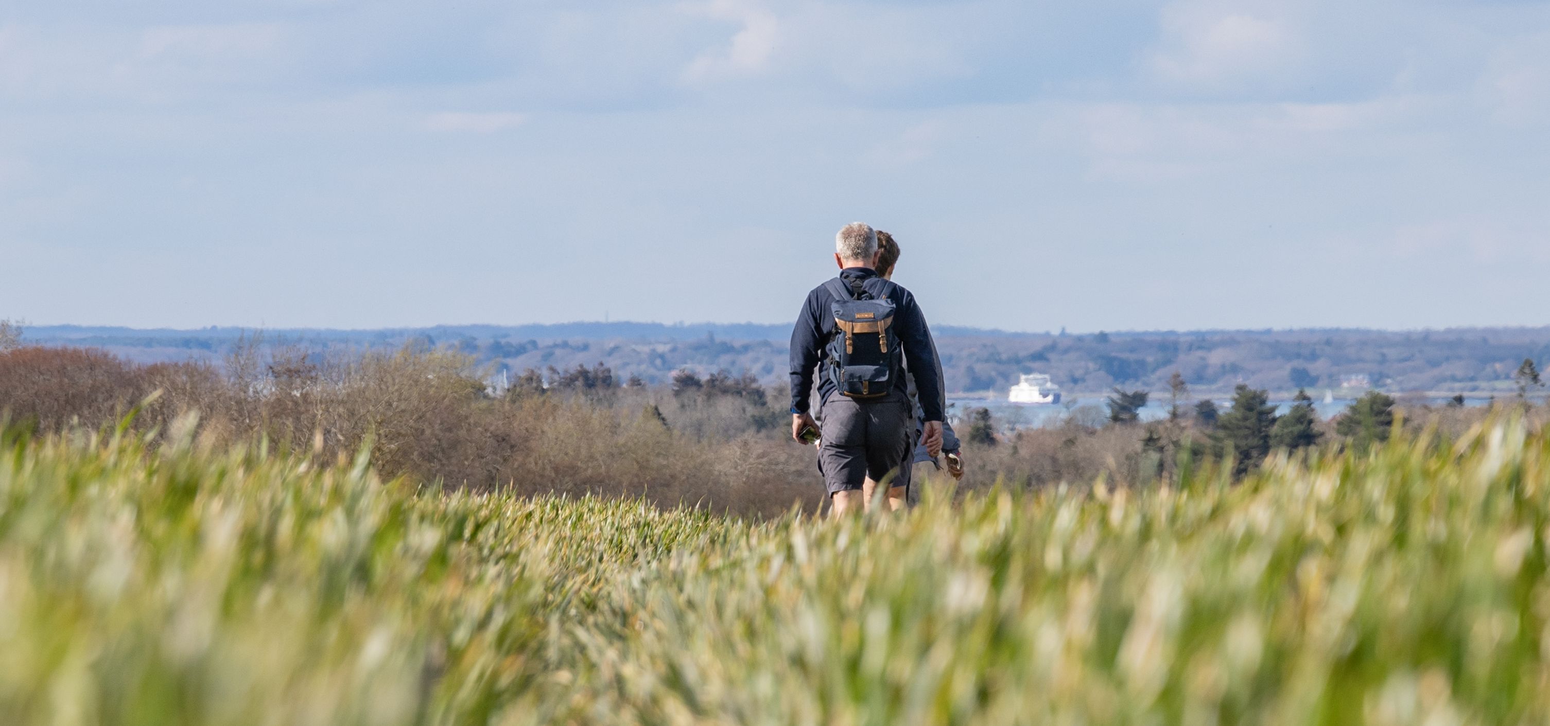 Two hikers walking away through long grass towards distant hills under a blue sky