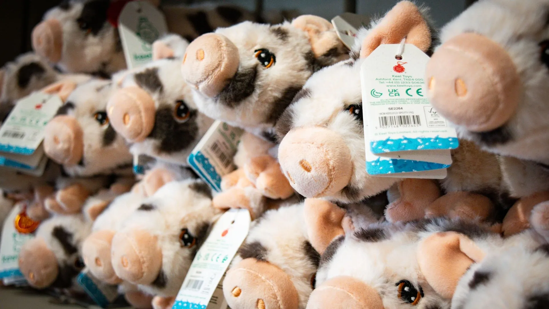 Pile of soft toy pigs with tags attached on a shop shelf