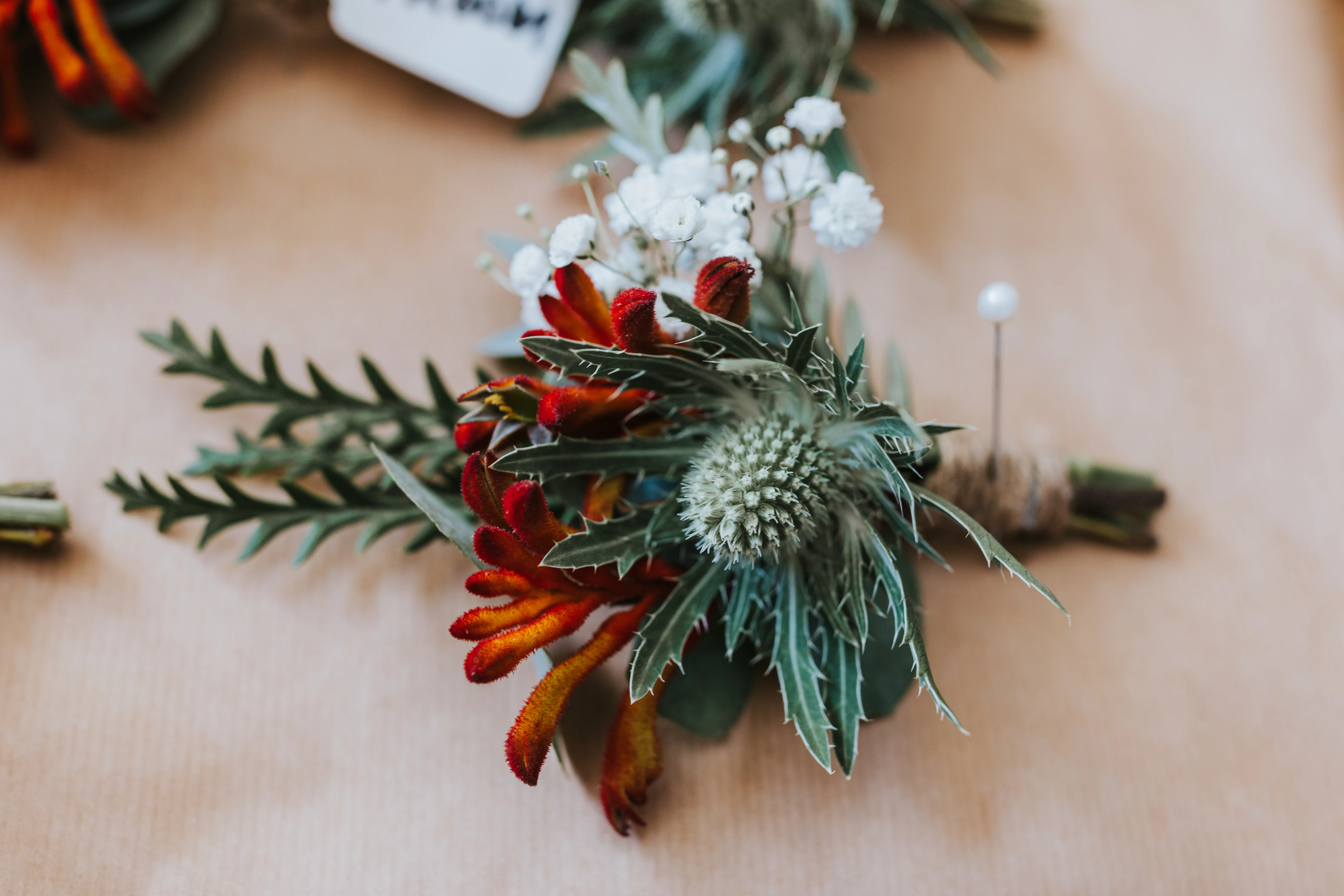 Close-up of a rustic boutonniere with red and orange kangaroo paw, white baby's breath, and grey-green foliage on a wooden surface