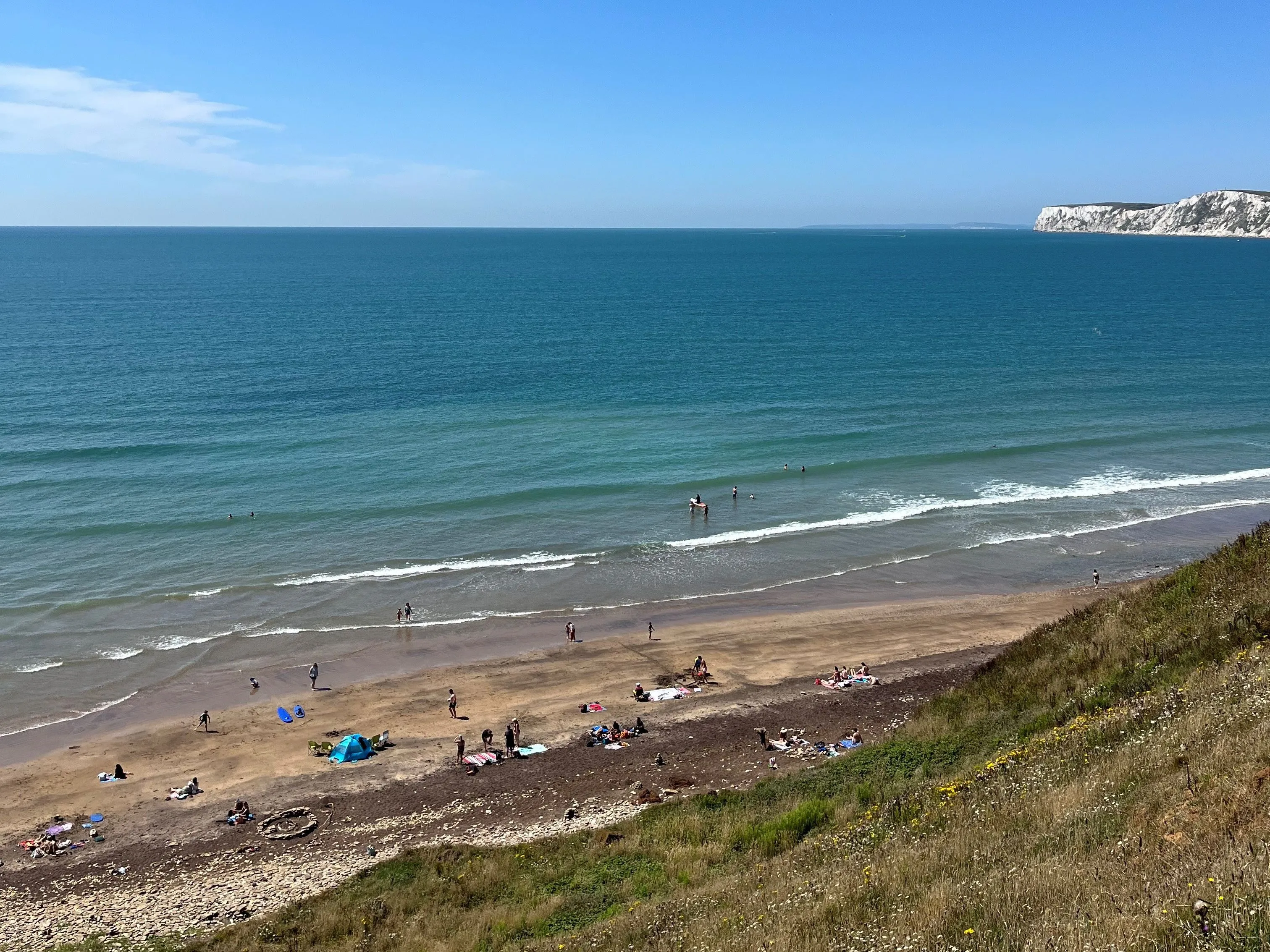 View over Compton Beach on a sunny summer day, with people on the sand, gentle waves and white cliffs in the distance